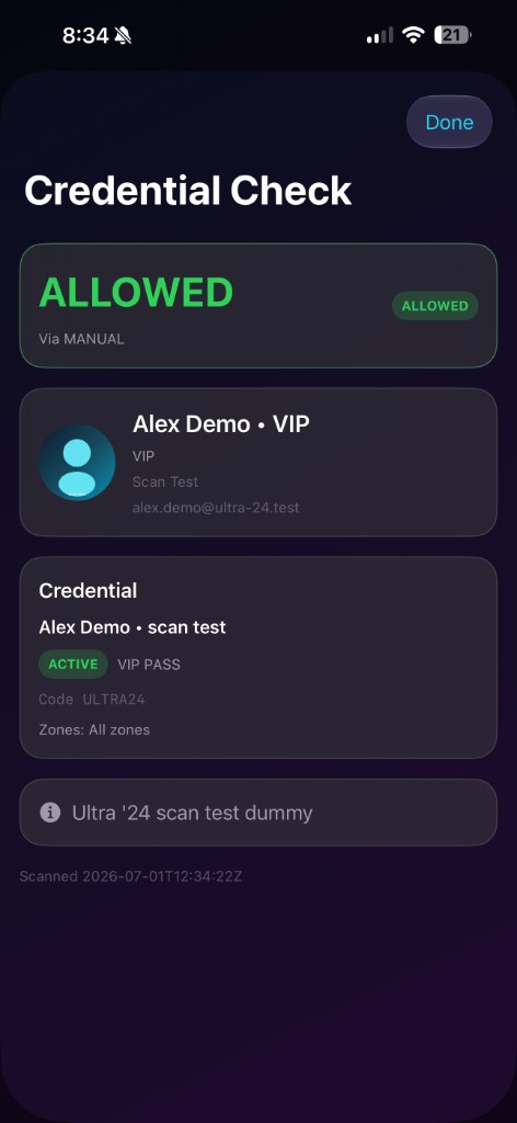 NightGrid ops — credential scan showing an allowed VIP entry