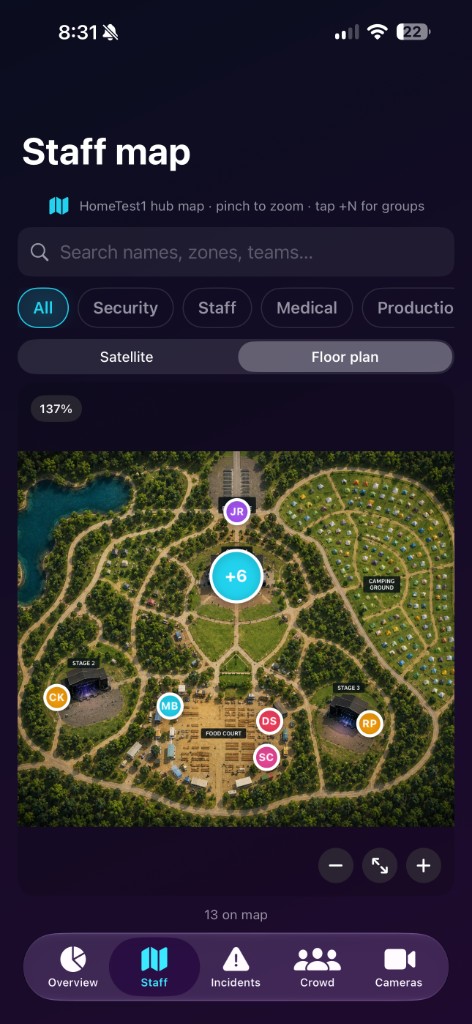 NightGrid ops — live staff map with team positions across the site