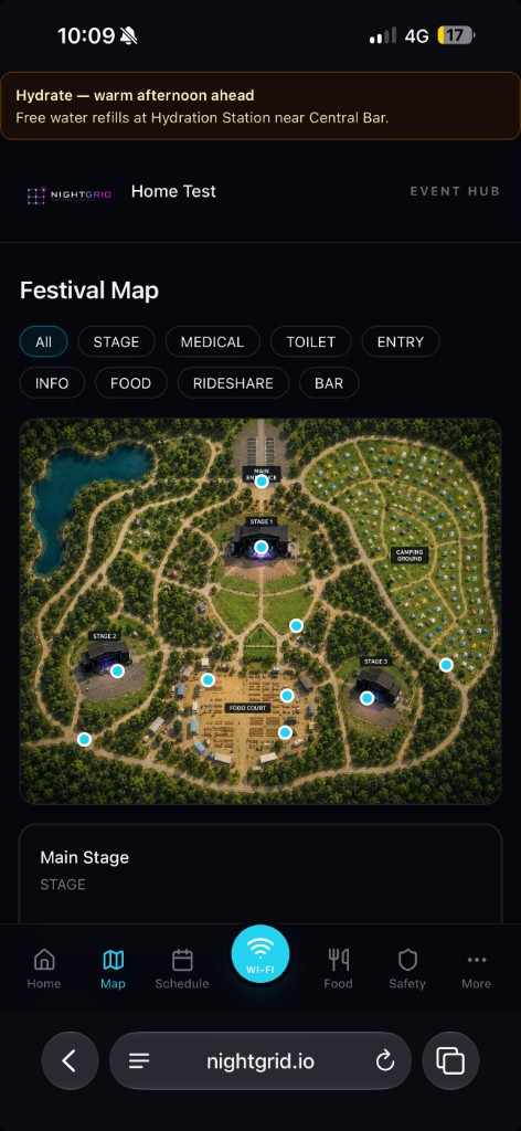 NightGrid Event Hub — live festival map with Wi‑Fi coverage across the site